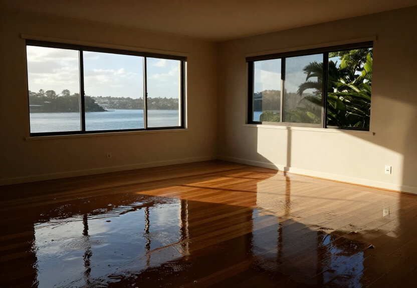 Flood-damaged living room in Neutral Bay before restoration